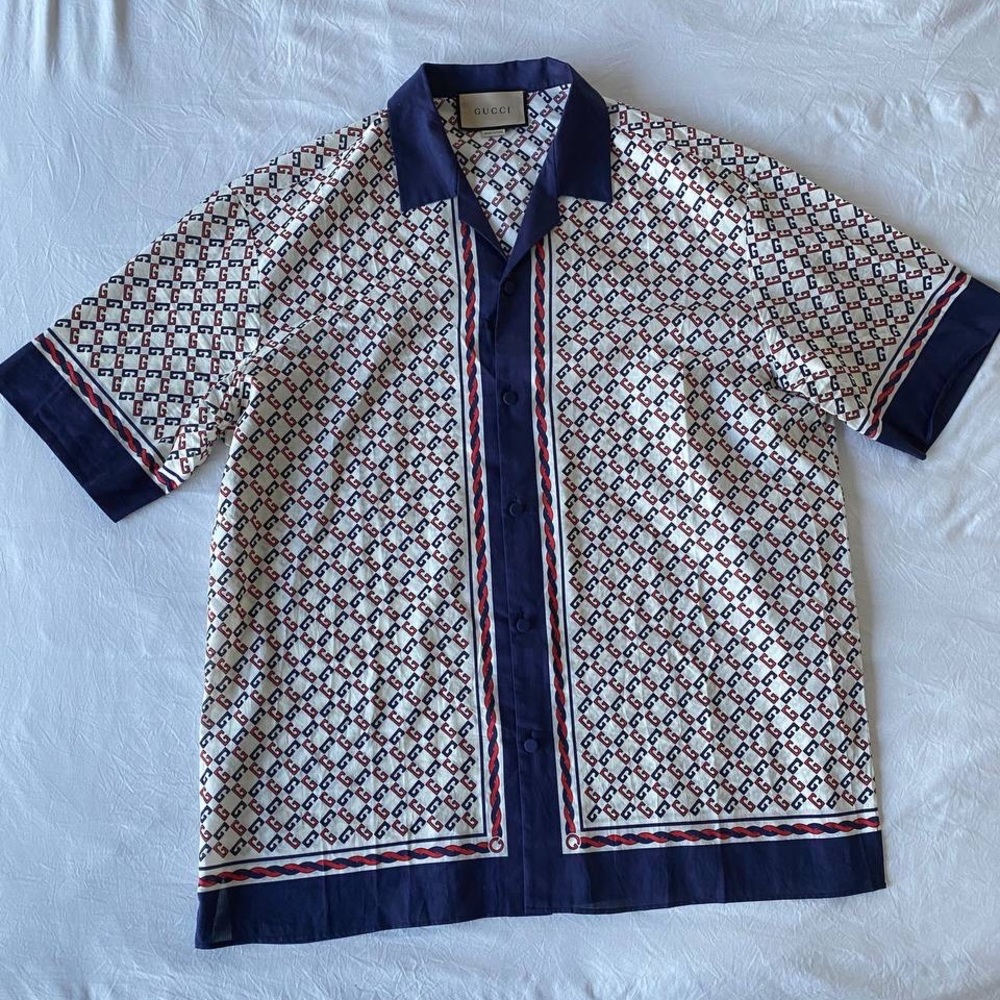 $1050 Gucci Double G Logo Full Print Casual Button Up Shirt SZ 54